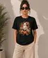 Kadın Balkabağı Hayalet Baskılı Tişört Kısa Kol Yazlık T-Shirt - Siyah