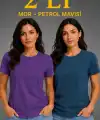 Kadın Basic Bisiklet Yaka Yazlık Slim fit T-Shirt - Mor & Petrol Mavisi