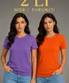 Kadın Basic Bisiklet Yaka Yazlık Slim fit T-Shirt - Mor  & Turuncu
