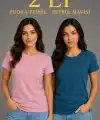 Kadın Basic Bisiklet Yaka Yazlık Slim fit T-Shirt - Pudra Pembe & Petrol Mavi
