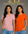Kadın Basic Bisiklet Yaka Yazlık Slim fit T-Shirt - Pudra Pembe & Turuncu