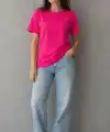 Kadın Basic Pamuklu Tişört Bisiklet Yaka Düz Renk Relaxed Fit T-Shirt - Fuşya