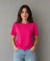 Kadın Basic Pamuklu Tişört Bisiklet Yaka Düz Renk Relaxed Fit T-Shirt - Fuşya
