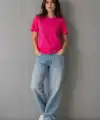 Kadın Basic Pamuklu Tişört Bisiklet Yaka Düz Renk Relaxed Fit T-Shirt - Fuşya