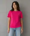 Kadın Basic Pamuklu Tişört Bisiklet Yaka Düz Renk Relaxed Fit T-Shirt - Fuşya