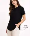 Kadın Basic T-Shirt Kısa Kol Bisiklet Yaka Oval Kesim Tişört - Siyah