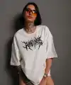 Kadın Baskılı T-Shirt Kısa Kol Bisiklet Yaka Oversize Rahat Kalıp Günlük Tişört   - Beyaz