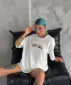 Kadın Baskılı T-Shirt Kısa Kol Bisiklet Yaka Oversize Rahat Kalıp Günlük Tişört - Beyaz