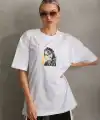 Kadın Baskılı T-Shirt Kısa Kol Bisiklet Yaka Oversize Rahat Kalıp Günlük Tişört - Beyaz