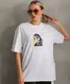 Kadın Baskılı T-Shirt Kısa Kol Bisiklet Yaka Oversize Rahat Kalıp Günlük Tişört - Beyaz