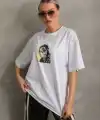 Kadın Baskılı T-Shirt Kısa Kol Bisiklet Yaka Oversize Rahat Kalıp Günlük Tişört - Beyaz