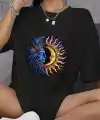 Kadın Baskılı T-Shirt Kısa Kol Bisiklet Yaka Oversize Rahat Kalıp Günlük Tişört   - Siyah