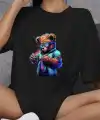 Kadın Baskılı T-Shirt Kısa Kol Bisiklet Yaka Oversize Rahat Kalıp Günlük Tişört   - Siyah