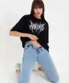 Kadın Baskılı T-Shirt Kısa Kol Bisiklet Yaka Oversize Rahat Kalıp Günlük Tişört   - Siyah