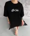 Kadın Baskılı T-Shirt Kısa Kol Bisiklet Yaka Oversize Rahat Kalıp Günlük Tişört - Siyah