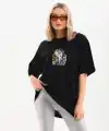Kadın Baskılı T-Shirt Kısa Kol Bisiklet Yaka Oversize Rahat Kalıp Günlük Tişört - Siyah