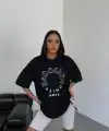 Kadın Baskılı T-Shirt Kısa Kol Bisiklet Yaka Oversize Rahat Kalıp Günlük Tişört - Siyah