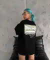 Kadın Baskılı T-Shirt Kısa Kol Bisiklet Yaka Oversize Rahat Kalıp Günlük Tişört - Siyah