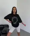 Kadın Baskılı T-Shirt Kısa Kol Bisiklet Yaka Oversize Rahat Kalıp Günlük Tişört - Siyah