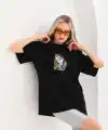 Kadın Baskılı T-Shirt Kısa Kol Bisiklet Yaka Oversize Rahat Kalıp Günlük Tişört - Siyah