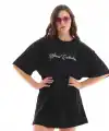 Kadın Baskılı T-Shirt Kısa Kol Bisiklet Yaka Oversize Rahat Kalıp Günlük Tişört - Siyah