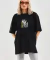 Kadın Baskılı T-Shirt Kısa Kol Bisiklet Yaka Oversize Rahat Kalıp Günlük Tişört - Siyah