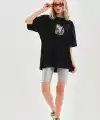 Kadın Baskılı T-Shirt Kısa Kol Bisiklet Yaka Oversize Rahat Kalıp Günlük Tişört - Siyah