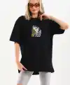 Kadın Baskılı T-Shirt Kısa Kol Bisiklet Yaka Oversize Rahat Kalıp Günlük Tişört - Siyah
