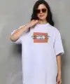 Kadın Baskılı T-Shirt Kısa Kol Bisiklet Yaka Oversize Rahat Kalıp Tişört - Beyaz