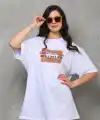 Kadın Baskılı T-Shirt Kısa Kol Bisiklet Yaka Oversize Rahat Kalıp Tişört - Beyaz
