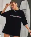 Kadın Baskılı T-Shirt Kısa Kol Bisiklet Yaka Oversize Rahat Kalıp Tişört - Siyah