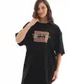 Kadın Baskılı T-Shirt Kısa Kol Bisiklet Yaka Oversize Rahat Kalıp Tişört - Siyah