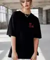 Kadın Baskılı T-Shirt Kısa Kol Bisiklet Yaka Oversize Rahat Kalıp Tişört - Siyah