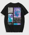 Kadın Baskılı T-Shirt Kısa Kol Bisiklet Yaka Oversize Rahat Kalıp Tişört - Siyah