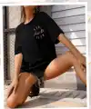 Kadın Baskılı T-Shirt Kısa Kol Bisiklet Yaka Oversize Rahat Kalıp Tişört - Siyah