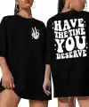 Kadın Baskılı T-Shirt Kısa Kol Bisiklet Yaka Oversize Rahat Kalıp Tişört - Siyah
