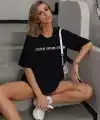 Kadın Baskılı T-Shirt Kısa Kol Bisiklet Yaka Oversize Rahat Kalıp Tişört - Siyah
