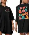 Kadın Baskılı T-Shirt Kısa Kol Bisiklet Yaka Oversize Rahat Kalıp Tişört - Siyah