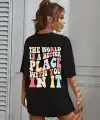 Kadın Baskılı T-Shirt Kısa Kol Bisiklet Yaka Oversize Rahat Kalıp Tişört - Siyah