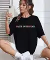 Kadın Baskılı T-Shirt Kısa Kol Bisiklet Yaka Oversize Rahat Kalıp Tişört - Siyah