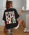 Kadın Baskılı T-Shirt Kısa Kol Bisiklet Yaka Oversize Rahat Kalıp Tişört - Siyah