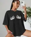 Kadın Baskılı T-Shirt Kısa Kol Bisiklet Yaka Oversize Rahat Kalıp Tişört - Siyah