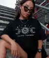 Kadın Baskılı T-Shirt Kısa Kol Bisiklet Yaka Oversize Rahat Kalıp Tişört - Siyah