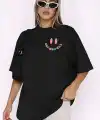 Kadın Baskılı T-Shirt Kısa Kol Bisiklet Yaka Oversize Rahat Kalıp Tişört - Siyah