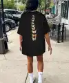 Kadın Baskılı T-Shirt Kısa Kol Bisiklet Yaka Oversize Rahat Kalıp Tişört - Siyah