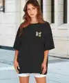 Kadın Baskılı T-Shirt Kısa Kol Bisiklet Yaka Oversize Rahat Kalıp Tişört - Siyah