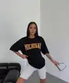 Kadın Baskılı T-Shirt Kısa Kol Bisiklet Yaka Oversize Tişört - Siyah