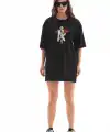 Kadın Baskılı T-Shirt Kısa Kol Bisiklet Yaka Regular Fit Rahat Kalıp Günlük Tişört -Siyah