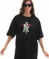 Kadın Baskılı T-Shirt Kısa Kol Bisiklet Yaka Regular Fit Rahat Kalıp Günlük Tişört -Siyah
