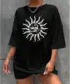 Kadın Baskılı T-Shirt Kısa Kol Bisiklet Yaka Regular Fit Rahat Kalıp Tişört - Siyah